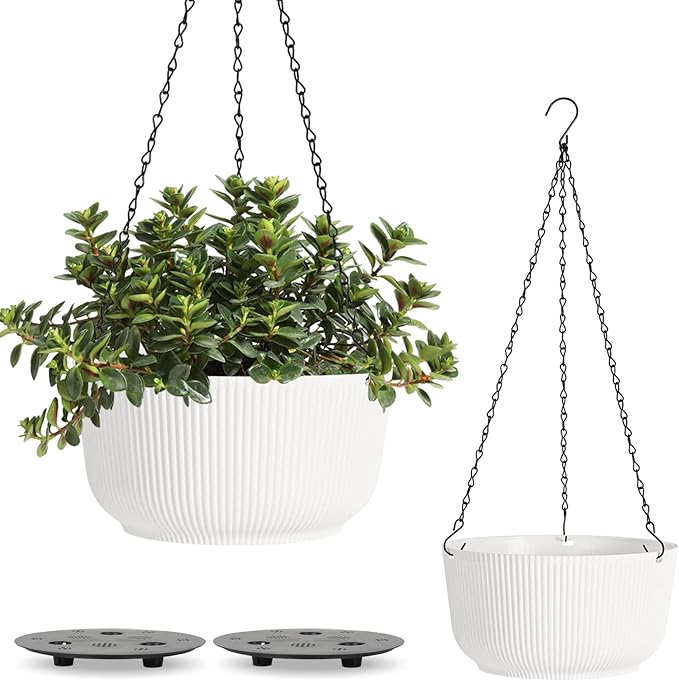 T4U 10 Inch Hanging Planters for Indoor Outdoor Plants, 2 Pack White Self Watering Hanging Plant Pot, Hanging Pots Set with Drainage Hole & Plug & Chain with 3 Hooks for Garden Home Decor