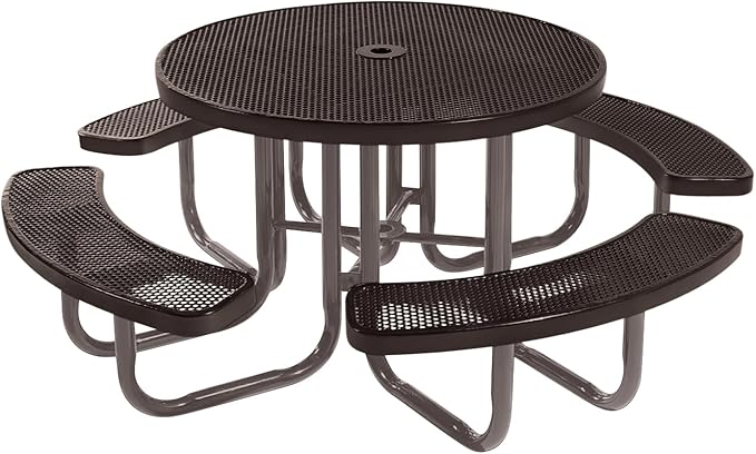 Heavy-Duty Portable Outdoor Picnic Table with Umbrella Hole, Punched Steel Commercial-Grade Patio Furniture Made in America (46" Round Top, Brown with Brown Frames)