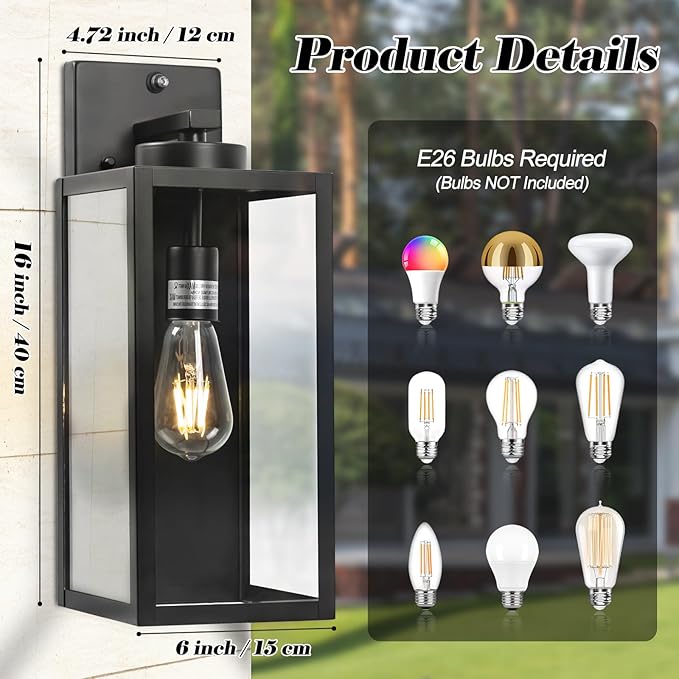 16-inch Dusk to Dawn Outdoor Wall Light Fixture, Large Black Exterior Wall Lantern Waterproof, Farmhouse Porch Sconce Lighting, Modern Wall-Mounted Outside Lights for House Garage, Patio Lamp, 2 Packs
