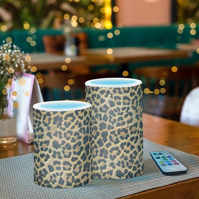 Flickering Flameless Candles, Leopard Texture LED Candles with Remote Timer, Set of 2 Battery Operated Candle for Valentine Wedding Birthday
