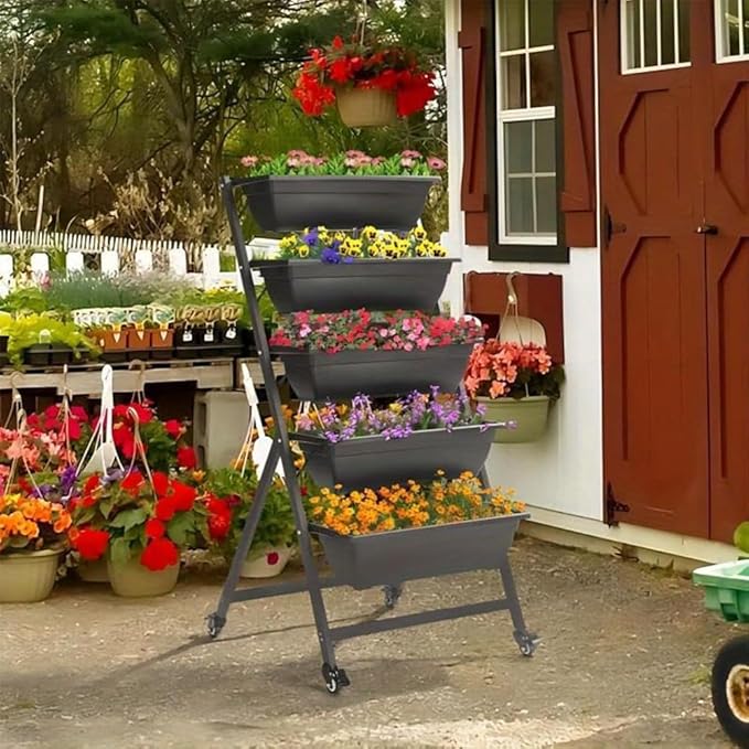 Indoor Outdoor Vertical Garden Planter, 5-Tier Planting Pot, Elevated Garden Planting Bed for Flowers Vegetable Plants, Garden Balcony Lawn, Black