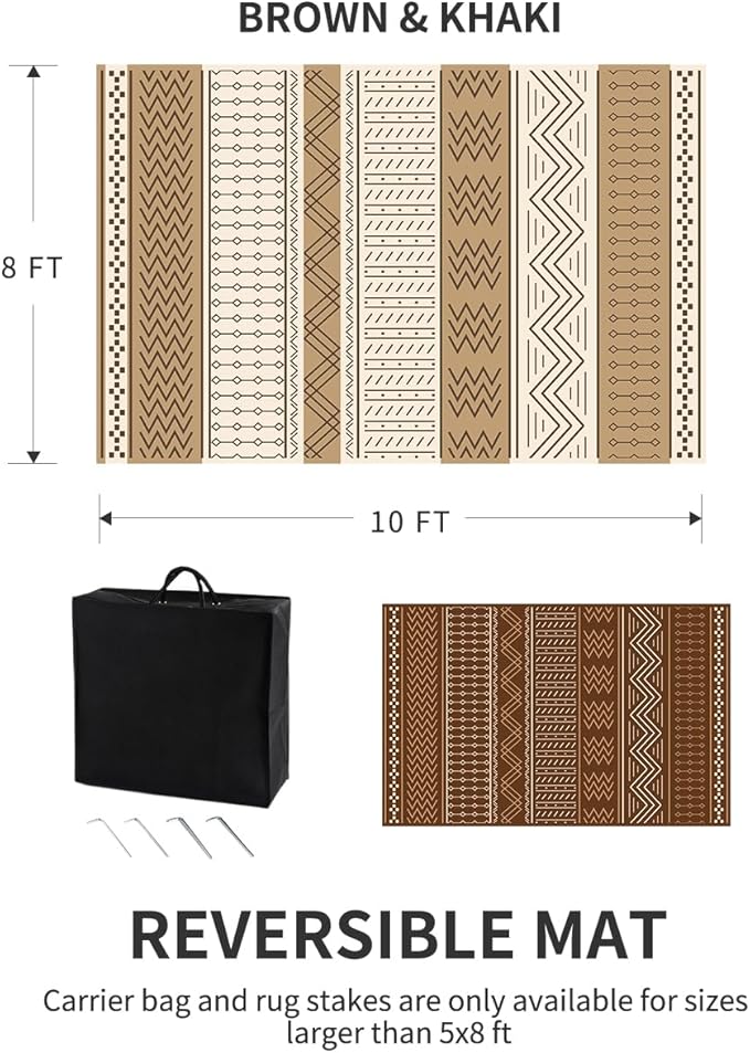 Outdoor Rug Carpet Waterproof 8x10 ft Patio Rug Mat Indoor Outdoor Area Rug for RV Camping Picnic Reversible Lightweight Plastic Straw Outside Rug for Patio Decor Decoration Boho Rug Brown Beige