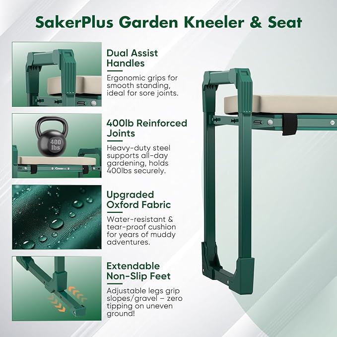 Garden Kneeler and Seat Foldable Kneeling Chair with Extendable Legs & Thickened Pad,Heavy Duty Foldable Gardener Stool with Tool/Storage Bags for Grandparents Gardeners