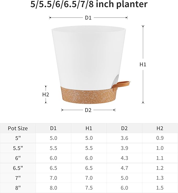 FaithLand 6-Pack White Self Watering Planter Pots for Indoor Outdoor Plants - 8, 7, 6.5, 6, 5.5, 5 Inches Flower Pots