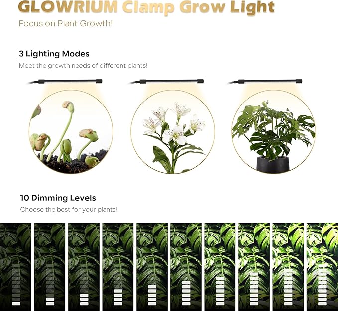 GLOWRIUM Plant Light, LED Grow Lights for Indoor Plants, Clip Plant Light with LCD Display Timer, Full Spectrum Suitable for Any Growth Stage of Plants, 10 Dimmable Levels, Remote Control (3 Strips)