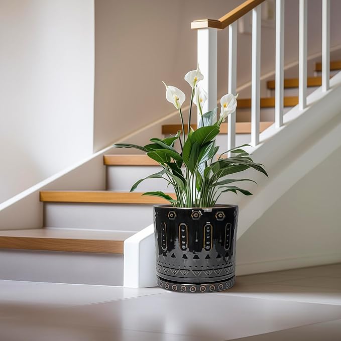 Ceramic Pots for Plants - 12 Inch Large Planter with Drainage Hole and Saucer, Ceramic Flower Pots for Indoor Outdoor, Boho Round Planter, Patio Decor, Gifts for Plant Lover, Black