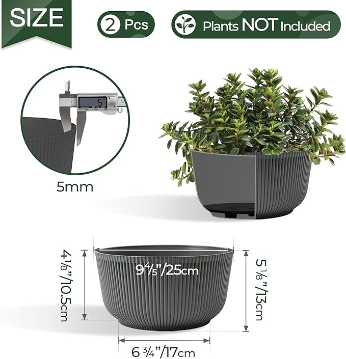 T4U 10 Inch Self Watering Planters, Plant Pots for Indoor and Outdoor Use, Home Decor Flower Pots, Plastic Planters with Drainage Hole & Plug for Plants, Flowers, Cactus, Garden, Set of 2, Gray