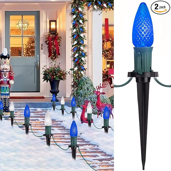 Christmas Pathway Lights Outdoor, 2 Pack 26 Ft 20 LED C9 Strawberry String Lights with Stakes, Connectable Waterproof Outside Christmas Lights Marker for Path, Lane, Patio Decor, Blue & Pure White