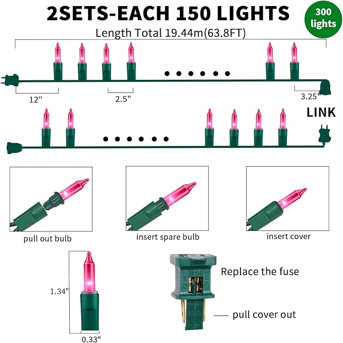 Ultra-Bright Connects End to End Pink Christmas Mini Light 300L 63.8Ft(2Sets-Each 150L)UL Listed Incandescent Bulb String Light for Indoor Outdoor Holiday Garden Party Christmas Tree Decor