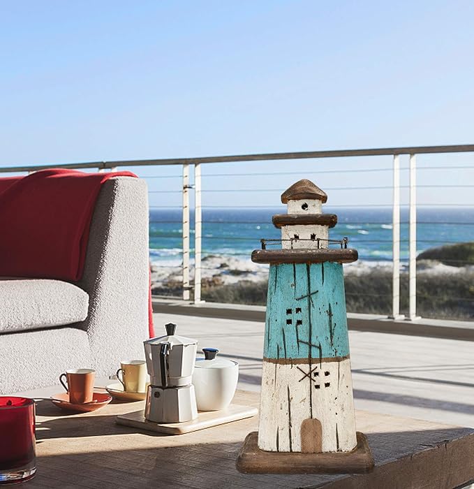 Attraction Design Wooden Lighthouse Decor, Decorative Nautical Lighthouse Rustic Ocean Sea Beach Themed Lighthouse Decoration, Handcrafted Tabletop Nautical Themed Home Decor Bathroom Decor (13“H)