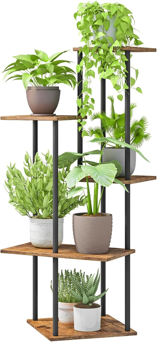 Plant Stand Indoor 5-Tier Metal Wood Plant Shelf for Multiple Flower Pots Corner Tall Flower Holders for Living Room Balcony Bedroom, Brown