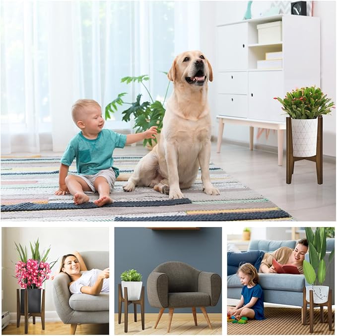 OERGKE 2 PACK Adjustable Plant Stand Indoor, Bamboo Mid Century Modern Plants Stands, Corner Flower Holder for Living Room, Fits 8 to 12 Inches Pots, (Pot & Plant Not Included)(Walnut)