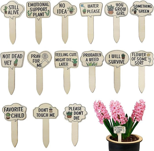 15pcs Funny Plant Signs Garden Markers Wooden Plant Labels Tab with Interesting Words Cute Patterns for Indoor and Outdoor Potted Used to Distinguish Potted Plants