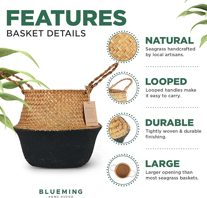 Basket Planter – Woven Seagrass Plant Pot for Tall Indoor Artificial Plants, Wicker Rattan Planters for Boho Decor 9-10 Inches (Black Bottom, Large)