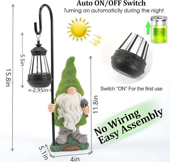 Flocked Garden Gnome Statue, Large Outdoor Gnome with Solar Lights, Funny Garden Figurines for Outdoor Home Yard Decor (15.8 Inch Tall)