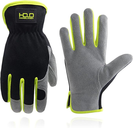 HANDLANDY Men Leather Gardening Gloves, Utility Work Gloves for Mechanics, Construction, Driver, Dexterity Breathable Design