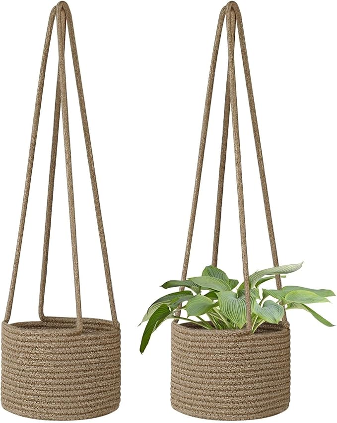 Flexzion Hanging Plant Basket, Boho Cotton Rope Basket Indoor Hanging Planter, Up to 7" Flower Pot, Macrame Woven Modern Plant Holder, Storage Bin Organizer, Home Decor with 20" Hanging Rope, Brown