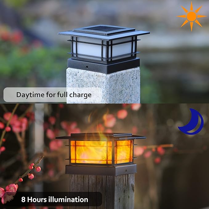 Dynaming 6 Pack Solar Flame Post Lights Outdoor, Solar Powered Fence Post Cap Lights, High Brightness Flickering Flame SMD LED Lighting Decor for Garden Deck Patio, 4x4, 5x5 or 6x6 Vinyl/Wooden Posts