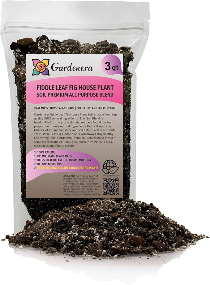 Fiddle Leaf Fig House Plant Soil Premium All Purpose Blend - Peat Moss, New Zealand Bark, Coco Chips and Fibers, Perlite - 3 Quart Bag