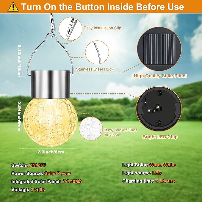 12Pack Hanging Outdoor Solar Lights - Decorative Cracked Glass LED Ball Lights Waterproof Tree Solar Powered Globe Lights with Handle for Garden Yard Patio Fence Christmas Decoration, Warm White