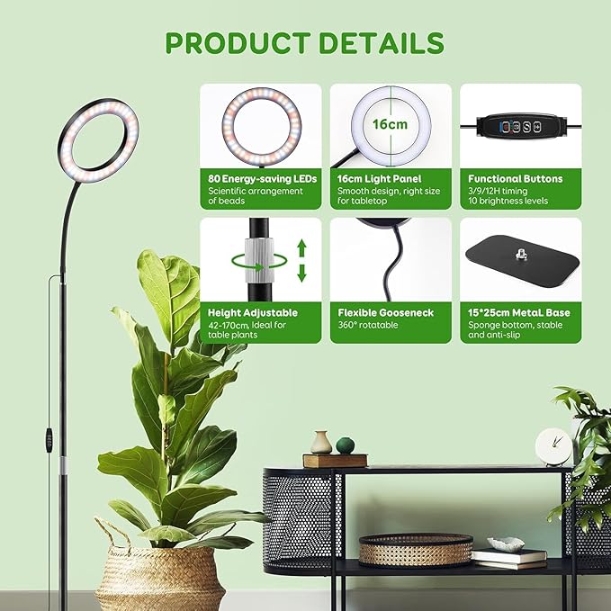 One Head Grow Lights for Indoor Plant Full Spectrum, Plant Lights for Indoor Growing with 3/9/12 Timer, 5 Dimmable Levels,Height Adjustable 16.5''-61",Strong Base for Large Plants Happy Light