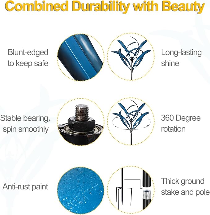 LimeHill Wind Spinner for Yard and Garden - Large Metal Kinetic Wind Sculptures for Outdoor Decorations (Blue Lotus 2)