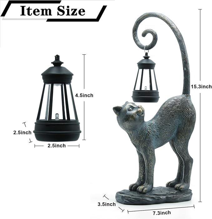 Resin Cat Statue with Solar Lantern, Eye-catching Garden Sculpture Decor，15.3" Height Outdoor Figurine for Garden Yard Patio Decorations，Birthday Gifts
