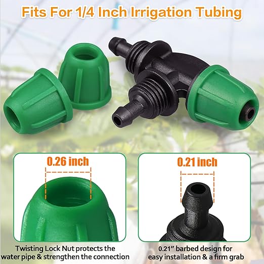 JAYEE 50 Pcs Drip Irrigation Fittings Kit for 1/4 Inch Tubing, Drip Line Parts for Drip Systems - 20 Tee, 12 Coupling, 8 Elbow, 5 Barbed 4-Way Cross, 5 End Closure - Barbed Locked Nuts Connectors