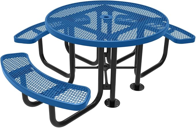 Heavy-Duty Portable Outdoor Picnic Table with Umbrella Hole, Expanded Metal Patio Dining Furniture Made in America (46" Round Top, Textured Light Blue)