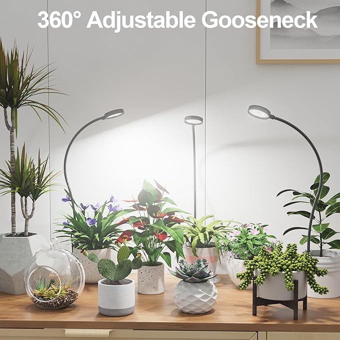LED Plant Grow Light Clip on, Gooseneck 6000K Full Spectrum Growing Lamp for Indoor Desk Small Pots Plants, Dimmable with Timer 4 8 12 18Hrs 2 Pack