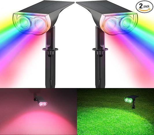 Consciot Solar Color Changing Outdoor Spotlights, 7 Lighting Modes Outside Solar Lights Waterproof IP67, Multicolor Christmas Decorations Landscape Lights for Pathway Patio Fence, Auto On/Off, 2 Pack