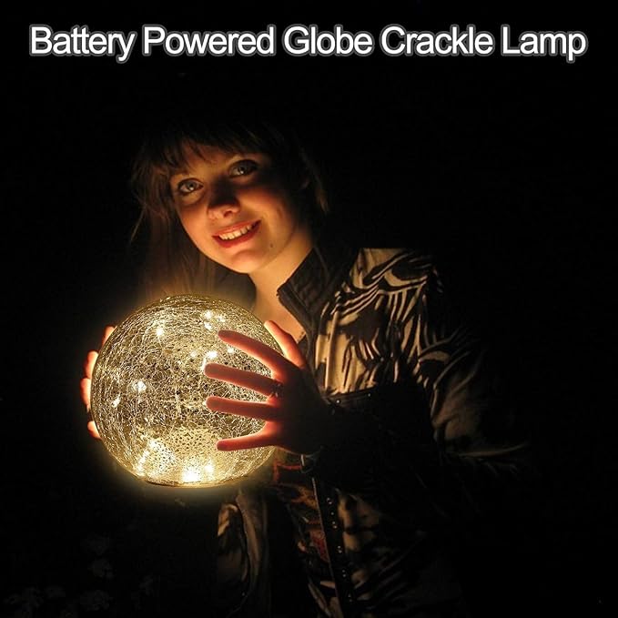Mercury Crackle LED Glass Globe Ball Lamp with Timer, Battery Operated Night Light for Girls, Birthday, Halloween,Christmas - Decorative Gift for Home Warm White (with Timer)