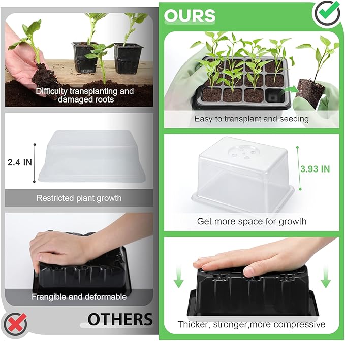 Lunies 6 Packs Seed Starter Trays with Grow Light, Seeding Starter Tray with Adjustable Humidity Dome, Base Indoor Greenhouse Germination Kit for Seed Growing Starting(12 Cells per Tray, Black)