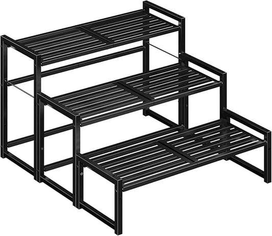 3-Tier Plant Stand Outdoor Indoor Waterproof, Stackable Heavy Duty Tall Plant Shelf Flower Pot Holder, Display Rack for Garden, Patio, Balcony, Black