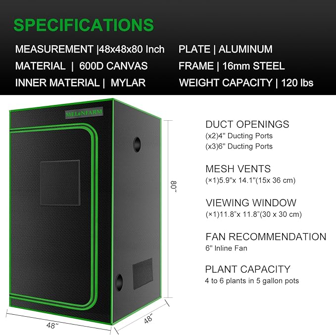 MELONFARM 4x4 Grow Tent, 48"x48"x80'' High Reflective 600D Diamond Mylar Canvas with Observation Window and Floor Tray for Hydroponic Indoor Plant Growing