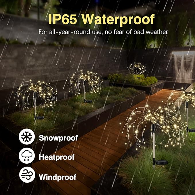 Firework Solar Garden Lights 4 Pack, 120 LED Solar Firework Lights with 8 Lighting Modes, Waterproof Sparkler Starburst Solar Lights Outdoor for Yard Porch Patio Backyard, Warm