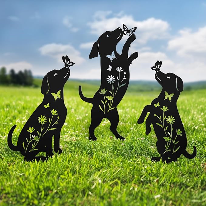 Metal Dog Statues for Garden,3 Pack Silhouette Beagle Garden Decor for Outside,Outdoor Dog Decor