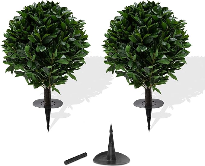 24" Outdoor Evergreens in Outdoor Artificial Shrub Potted Plant Plant for Indoor Porch of Home and Office 2 Pieces a Set Topiary Trees Faux Boxwood with Spike. Easy to Push in The Ground