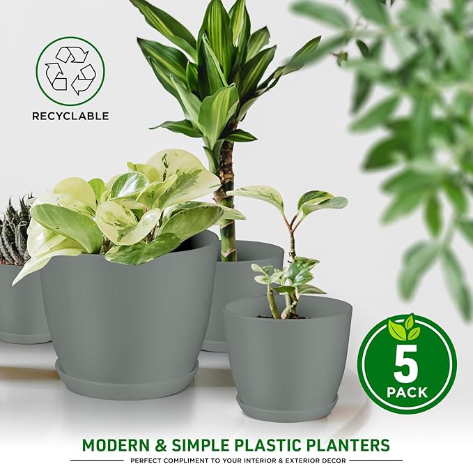 Planter Pots with Drainage Holes - Lightweight, Durable & Space-Saving Pots for Indoor and Outdoor - Versatile Functionality, Simple Modern Design, Set of 5 Plastic Planter Pots - Gray