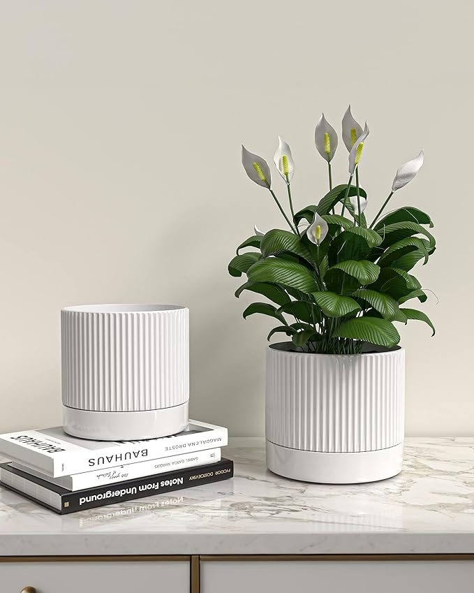 Ceramic Planter Pots Indoor with Drainage Hole & Saucer,Including Stand,7.3 Inch Mid-Century Modern Cylinder Plant Pot for Snake Flower Leaf