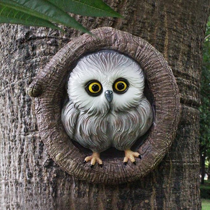 Owl Tree Hugger Whimsical Tree Sculpture Garden Statues Outdoor Tree Face Decor Garden Peeker Yard Art Decorations (Singel Owl)