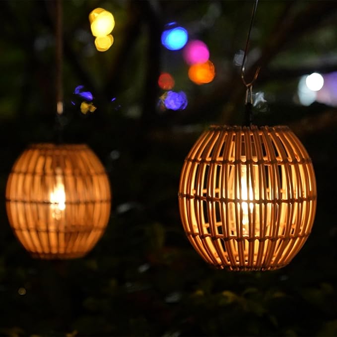 Hanging Solar Lantern Outdoor Waterproof, IP44 Boho Rattan Solar Hanging Light, Large Solar Lantern for Porch Yard Pathway Garden Decor(Bulb Included)