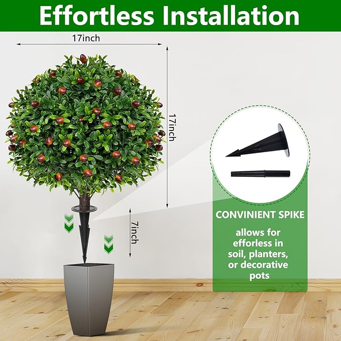 Artificial Olive Topiary Ball Trees with Ground Spike, Set of 2 UV Resistant Artificial Shrubs, Fake Evergreen Artificial Plant Bushes for Indoor Outdoor Front Porch Garden