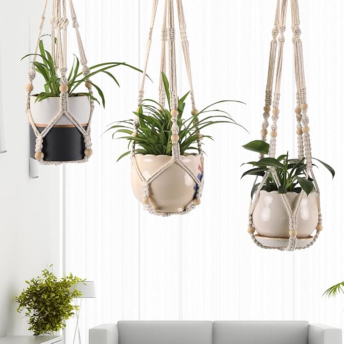 3-Pack Macrame Plant Hanger Indoor - Hanging Planter Basket for Indoor Outdoor - Decorative Boho Plant Holders Set with Beads - Ceiling Flower Pot Holder with 6 Hooks - 35"/30"/24" White