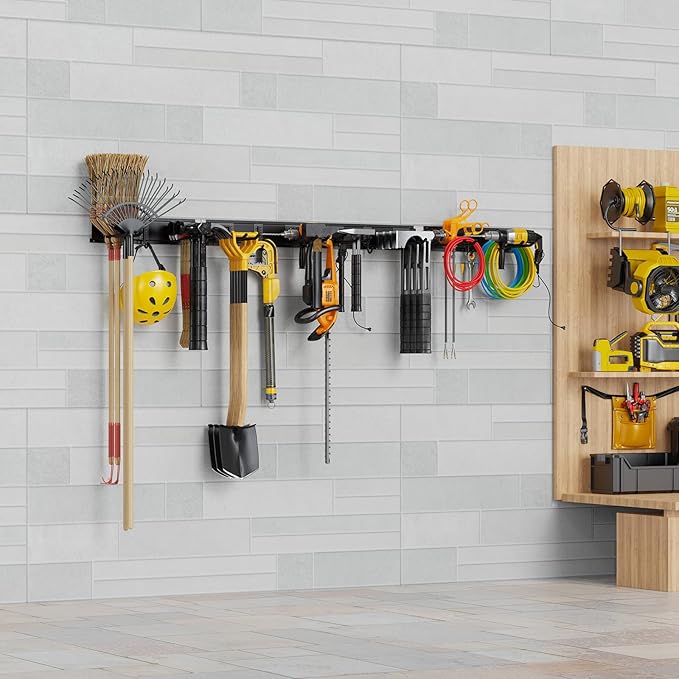 Garage Organizer Wall Mount, 64 Inch Garage Storage Organization, 20PCS Heavy Duty Garden Tool Organizer, Adjustable Tool Storage Rack Hooks, Yard Shed Tool Organizer, Hold Max 900 lbs