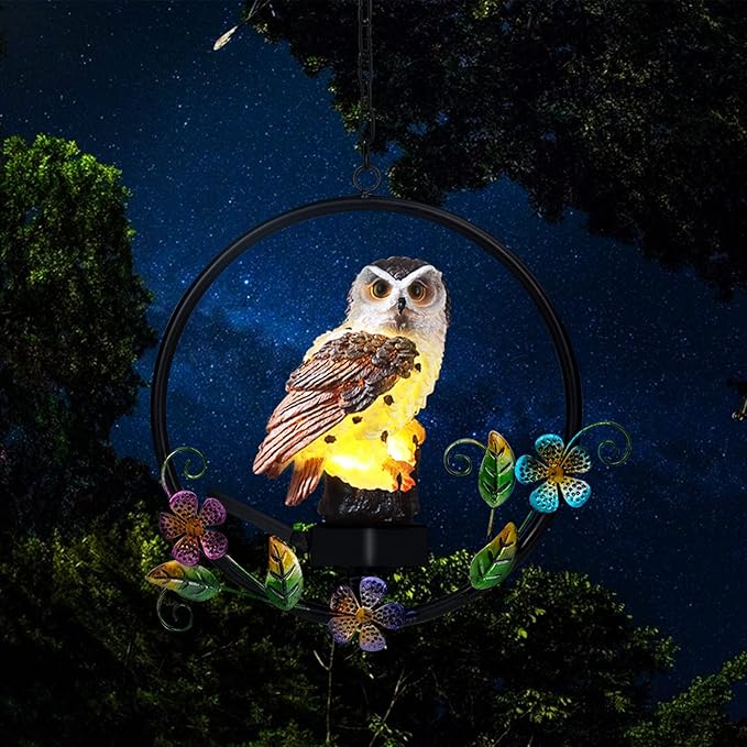 ASFSKY Gift for Owl Lovers Garden Solar Hanging Owl Statue Waterproof Outdoor Hanging Garden Decorations (Brown)