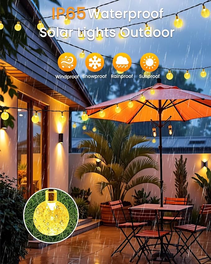 LORRYTE 2-Pack 64FT 100 LED Crystal Globe Solar String Lights Outdoor, Waterproof Solar Lights for Outside, 8 Lighting Modes Patio Decor for Garden Yard Porch Wedding Party(Warm White)