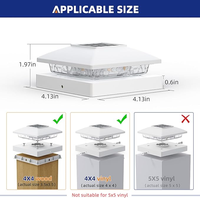 APONUO Solar Post Cap Lights for 4x4 Wood & Vinyl Posts, IP44 Waterproof Cool White LED 4x4 Post Solar Lights, Outdoor Garden Patio Yard Decor, 6 Pack (White)