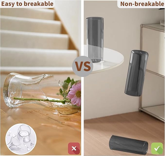 Flower Vase, Non-breakable Vases, 4" W x 12" H, Acrylic Grey Vase, Aesthetic Room Decor Cylindrical Modern Flower Vases for Table Centerpiece, Home Decor, Women Floral Arrangement Gift