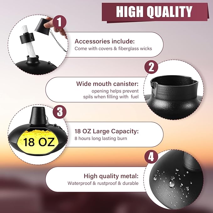 ZSZMFH 4 Pack Metal Table Top Torches,18 oz Citronella Torches for Outside， Refillable Citronella Flame Light Torch with Wicks and Covers, Landscape Lanterns Torches for Party, Garden Decor，DIY